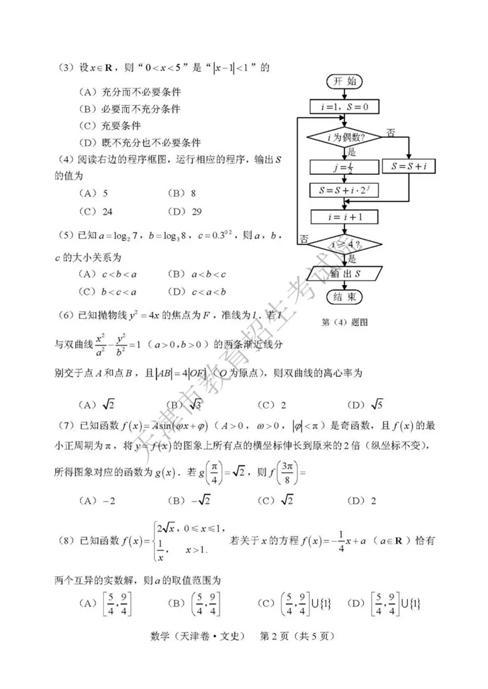 2019天津高考文科数学试题及答案2