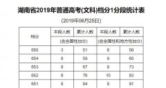 湖南2019年高考文科成绩排名 1分段统计表