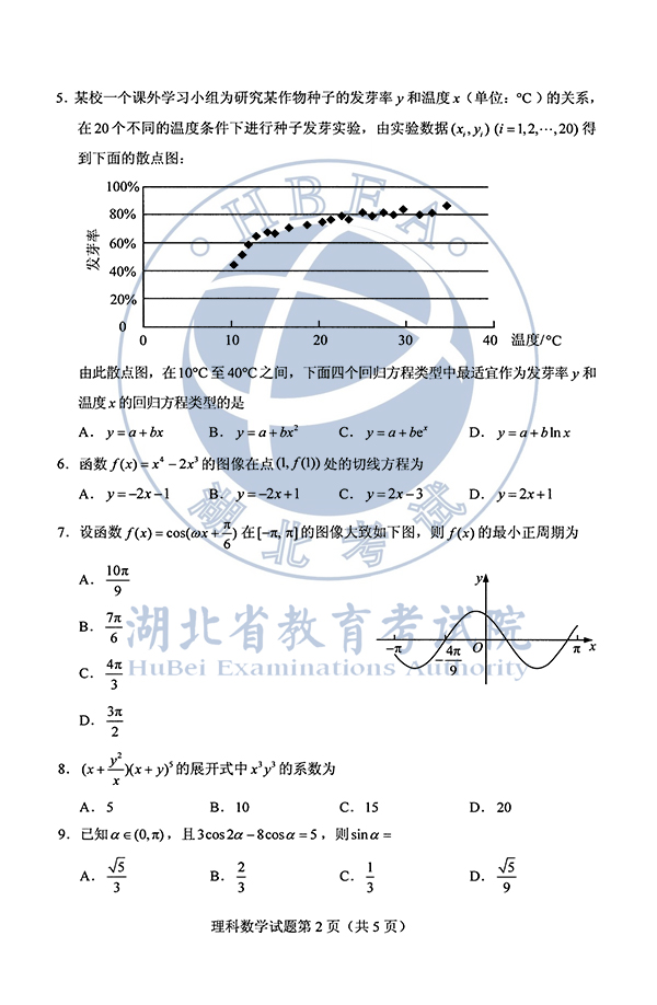 2020年湖北省高考理科数学试题及参考答案2
