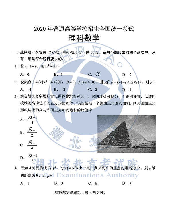2020年湖北省高考理科数学试题及参考答案